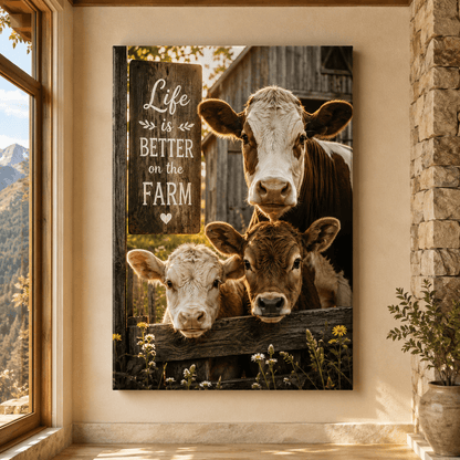 Life Is Better on the Farm – Cow and Calves Canvas Wall Art - ART OF ROYALS