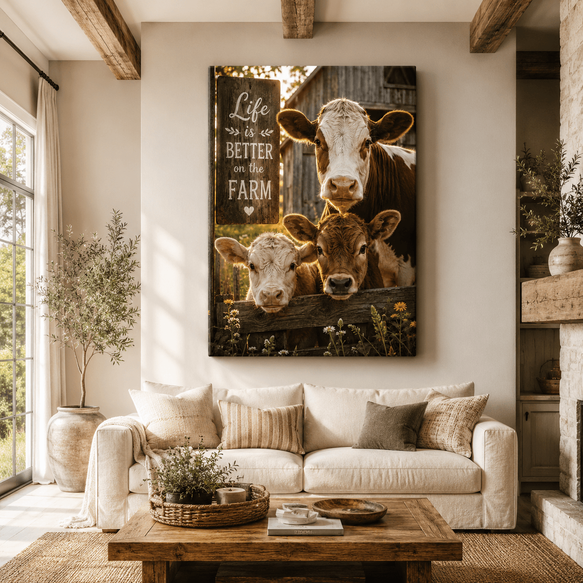 Life Is Better on the Farm – Cow and Calves Canvas Wall Art - ART OF ROYALS