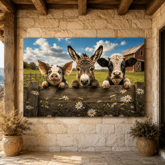 The Welcome Committee – Pig, Donkey and Cow Farmhouse Canvas Wall Art - ART OF ROYALS