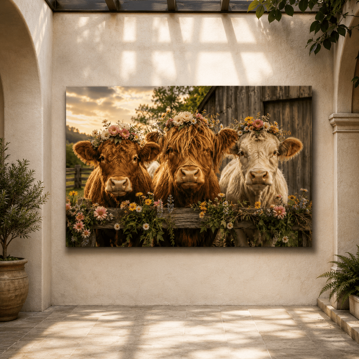 Flower Crown Girls – Highland Cow Boho Farmhouse Canvas Wall Art - ART OF ROYALS