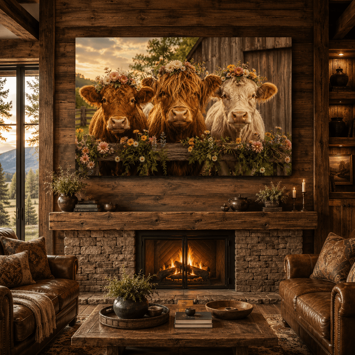 Flower Crown Girls – Highland Cow Boho Farmhouse Canvas Wall Art - ART OF ROYALS
