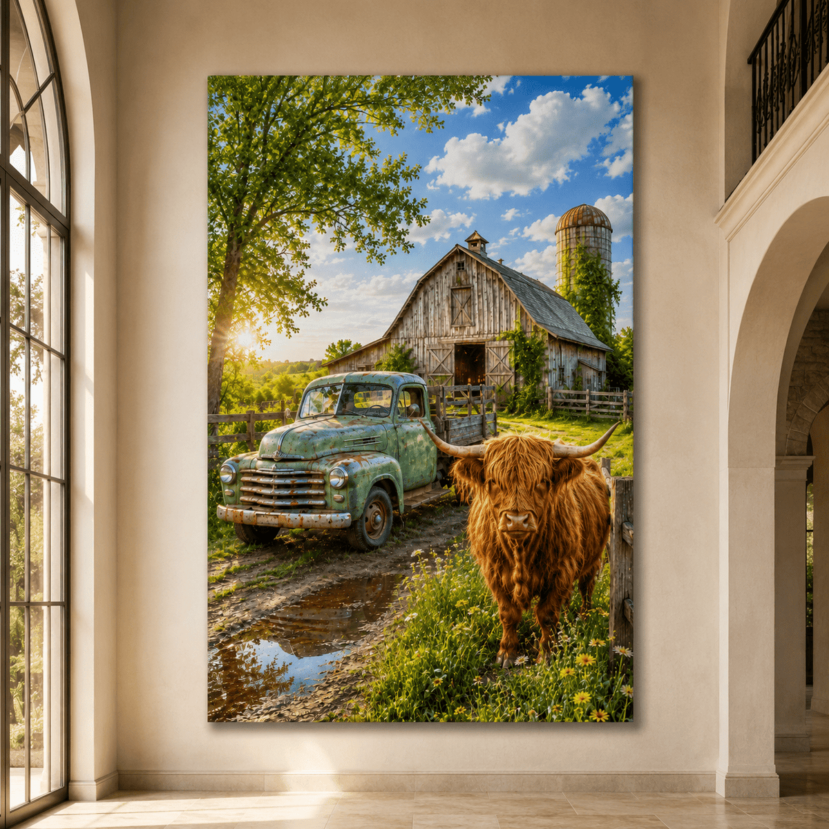 Highland and the Old Truck – Farmhouse Canvas Wall Art - ART OF ROYALS