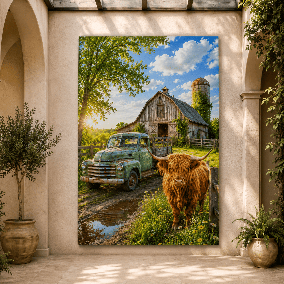 Highland and the Old Truck – Farmhouse Canvas Wall Art - ART OF ROYALS