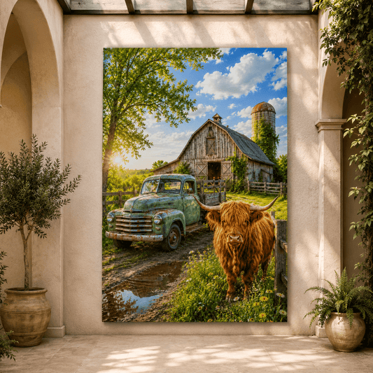 Highland and the Old Truck – Farmhouse Canvas Wall Art - ART OF ROYALS