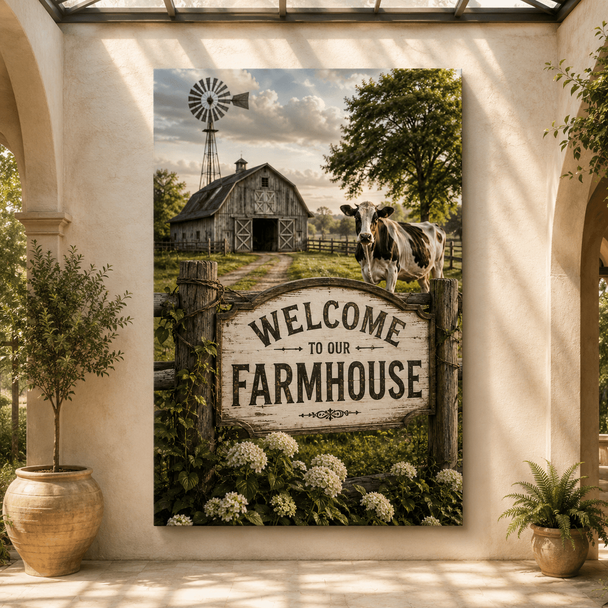 Welcome to Our Farmhouse – Barn and Cow Canvas Wall Art - ART OF ROYALS