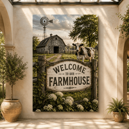 Welcome to Our Farmhouse – Barn and Cow Canvas Wall Art - ART OF ROYALS
