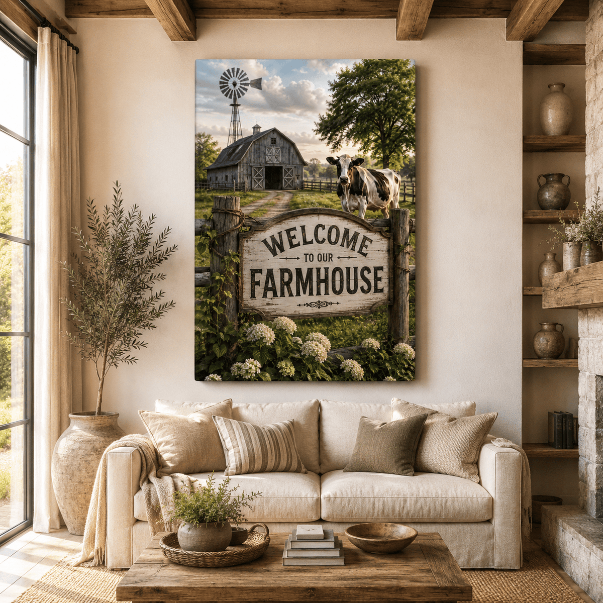 Welcome to Our Farmhouse – Barn and Cow Canvas Wall Art - ART OF ROYALS