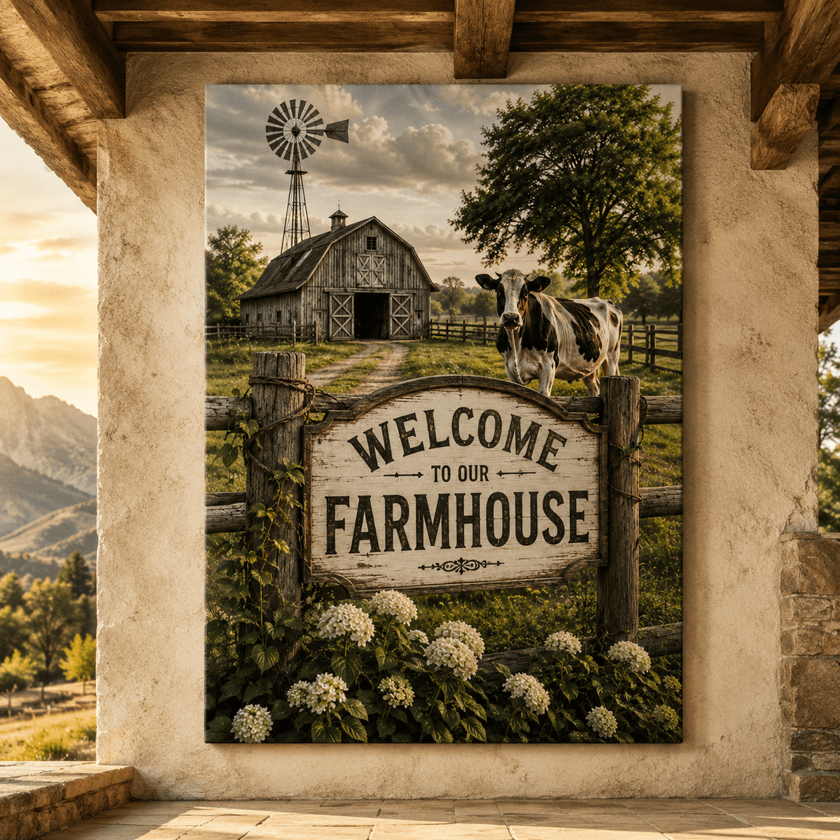 Welcome to Our Farmhouse – Barn and Cow Canvas Wall Art - ART OF ROYALS