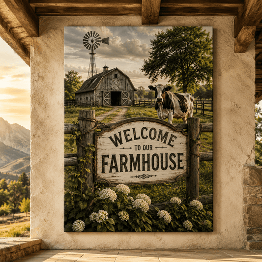 Welcome to Our Farmhouse – Barn and Cow Canvas Wall Art - ART OF ROYALS