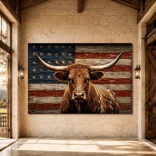 American Longhorn – Patriotic Texas Bull Canvas Wall Art - ART OF ROYALS
