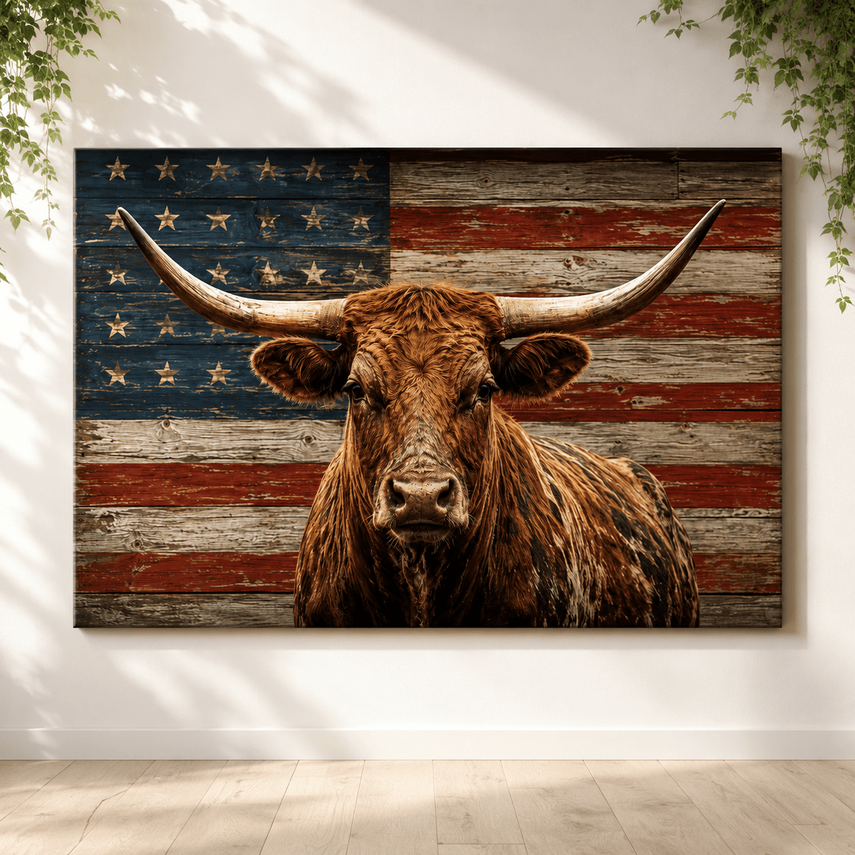 American Longhorn – Patriotic Texas Bull Canvas Wall Art - ART OF ROYALS