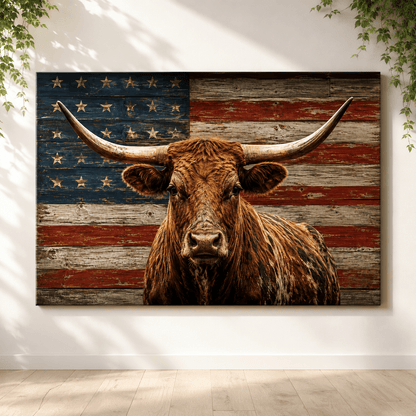 American Longhorn – Patriotic Texas Bull Canvas Wall Art - ART OF ROYALS
