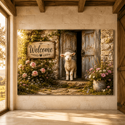 Little Lamb at the Door – Welcome Cottage Farmhouse Canvas Wall Art - ART OF ROYALS