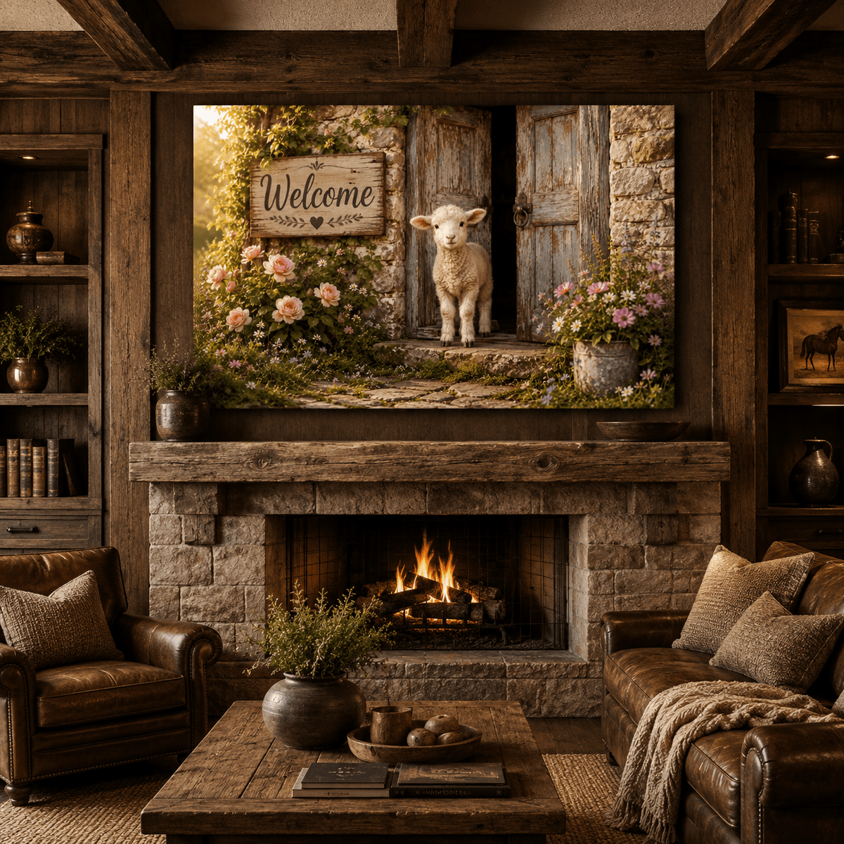 Little Lamb at the Door – Welcome Cottage Farmhouse Canvas Wall Art - ART OF ROYALS