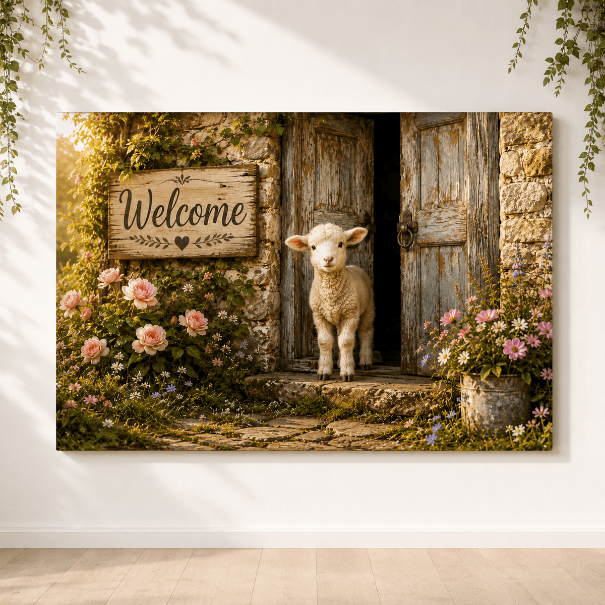 Little Lamb at the Door – Welcome Cottage Farmhouse Canvas Wall Art - ART OF ROYALS
