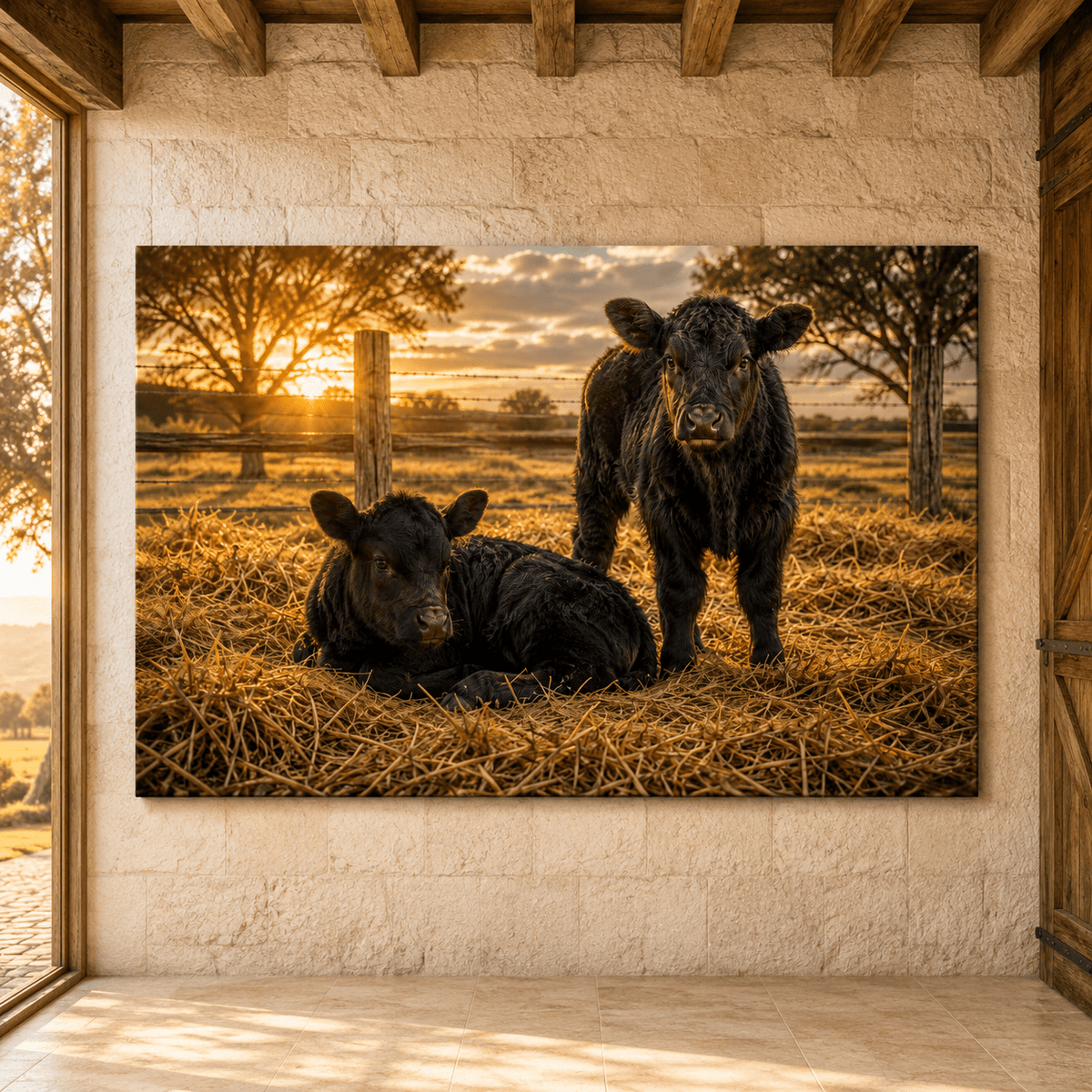 Golden Hour Calves – Baby Angus Pair Canvas Wall Art - ART OF ROYALS