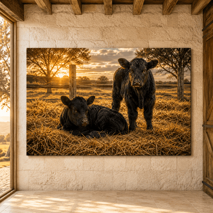 Golden Hour Calves – Baby Angus Pair Canvas Wall Art - ART OF ROYALS