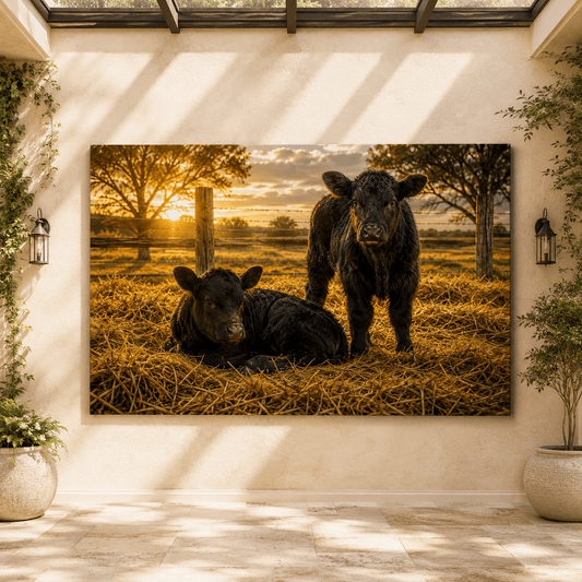 Golden Hour Calves – Baby Angus Pair Canvas Wall Art - ART OF ROYALS