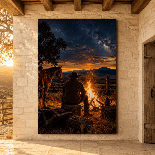 Campfire Under the Milky Way – Cowboy Starry Night Canvas Wall Art - ART OF ROYALS