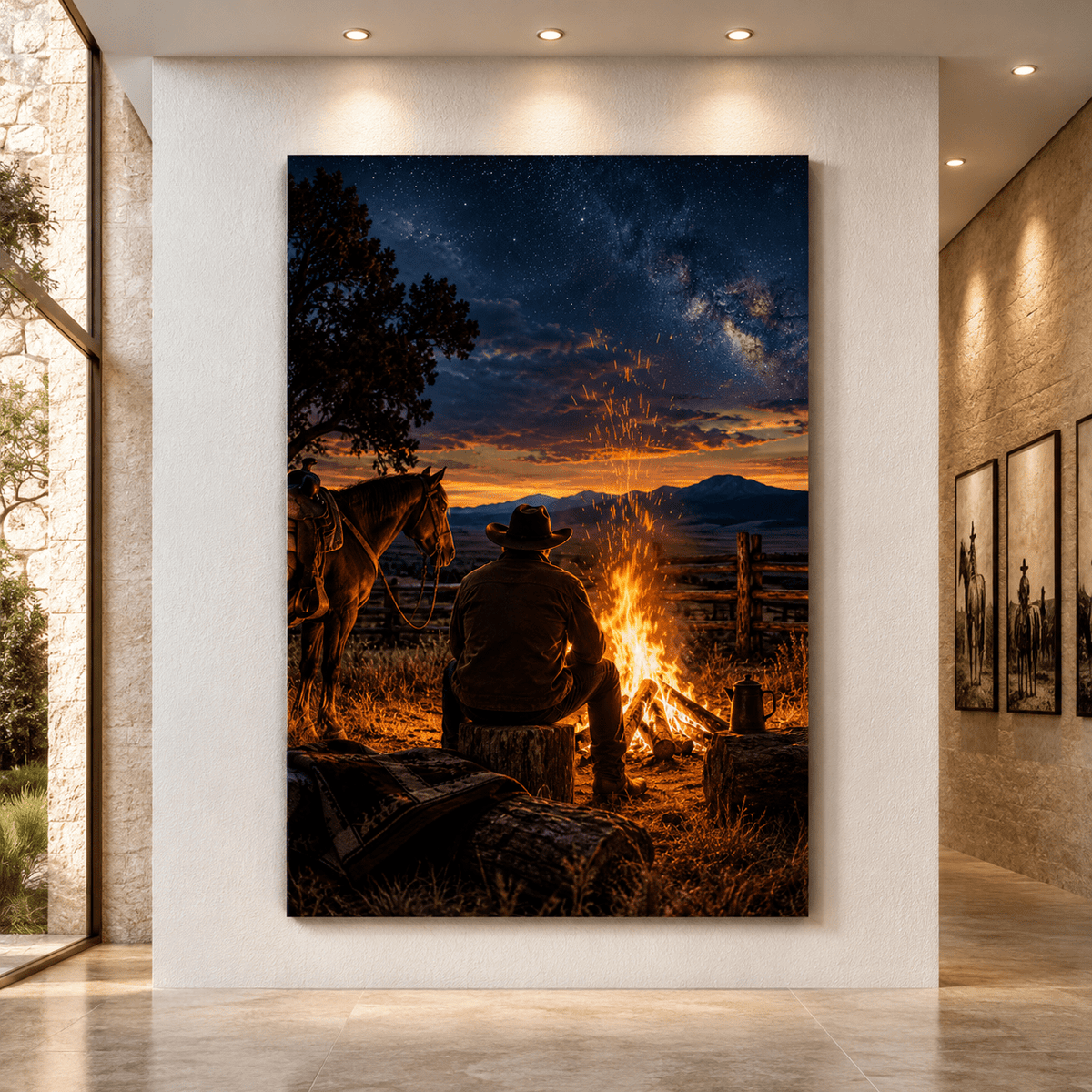 Campfire Under the Milky Way – Cowboy Starry Night Canvas Wall Art - ART OF ROYALS