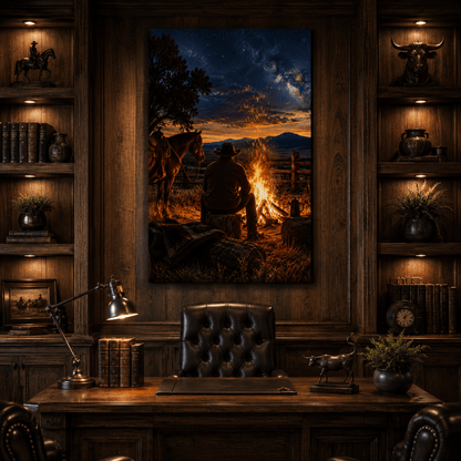 Campfire Under the Milky Way – Cowboy Starry Night Canvas Wall Art - ART OF ROYALS