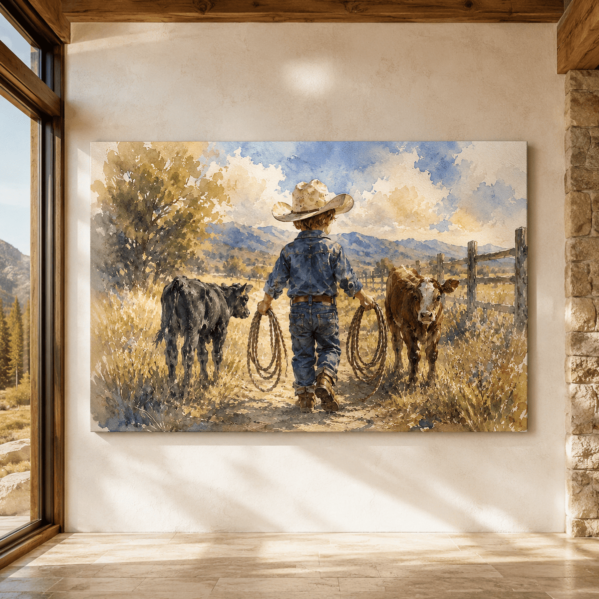 Little Wrangler – Cowboy Boy and Calves Watercolor Canvas Wall Art - ART OF ROYALS