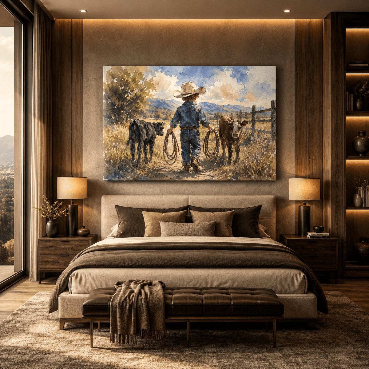 Little Wrangler – Cowboy Boy and Calves Watercolor Canvas Wall Art - ART OF ROYALS