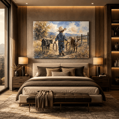 Little Wrangler – Cowboy Boy and Calves Watercolor Canvas Wall Art - ART OF ROYALS