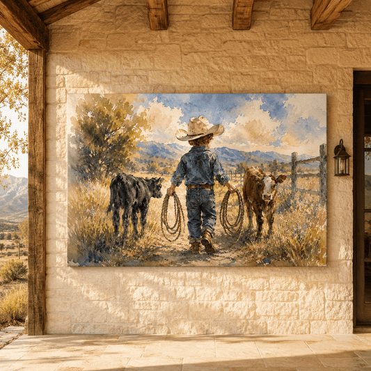 Little Wrangler – Cowboy Boy and Calves Watercolor Canvas Wall Art - ART OF ROYALS