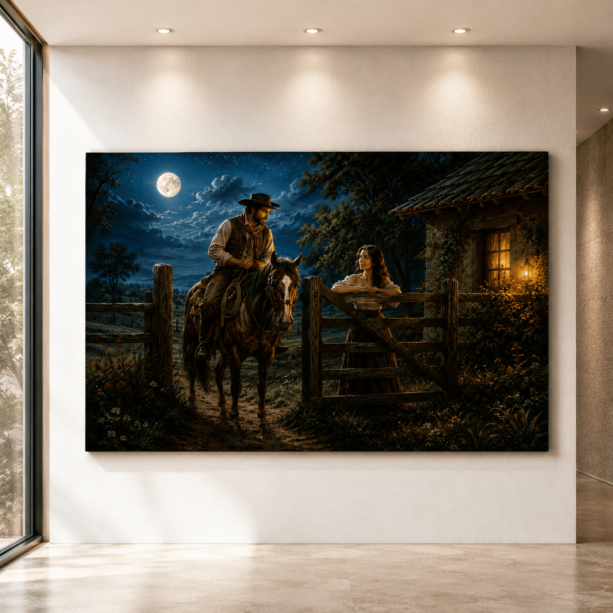 Moonlit Gate – Romantic Cowboy and Woman Canvas Wall Art - ART OF ROYALS