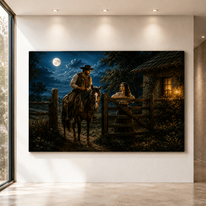 Moonlit Gate – Romantic Cowboy and Woman Canvas Wall Art - ART OF ROYALS