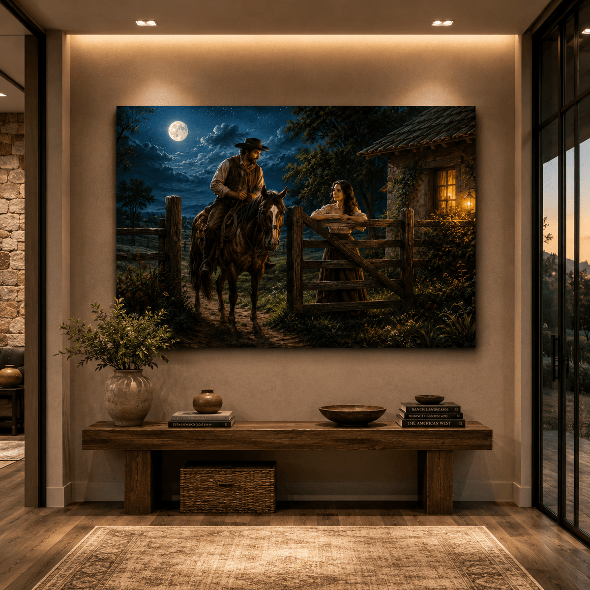 Moonlit Gate – Romantic Cowboy and Woman Canvas Wall Art - ART OF ROYALS