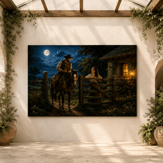 Moonlit Gate – Romantic Cowboy and Woman Canvas Wall Art - ART OF ROYALS