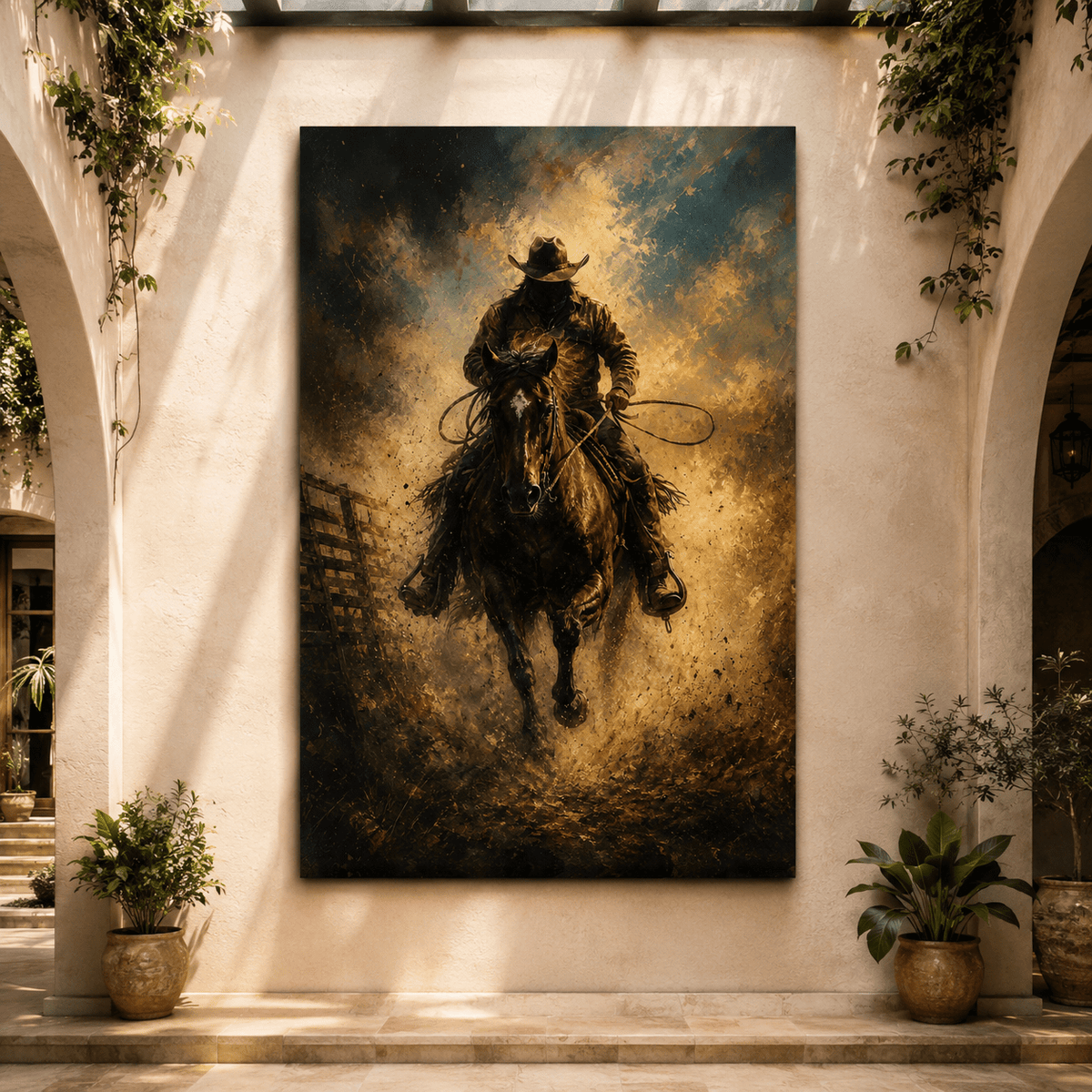 Dust and Thunder – Cowboy Charging on Horseback Canvas Wall Art - ART OF ROYALS