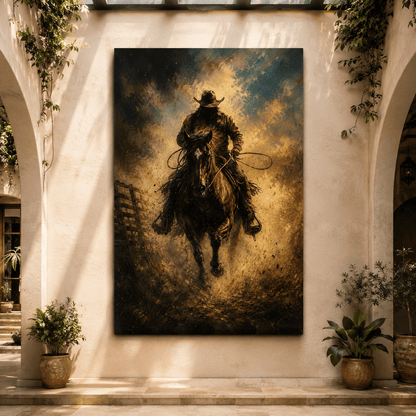 Dust and Thunder – Cowboy Charging on Horseback Canvas Wall Art - ART OF ROYALS