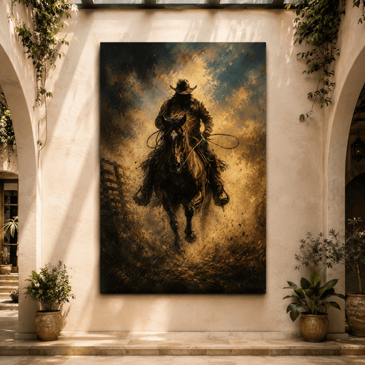 Dust and Thunder – Cowboy Charging on Horseback Canvas Wall Art - ART OF ROYALS