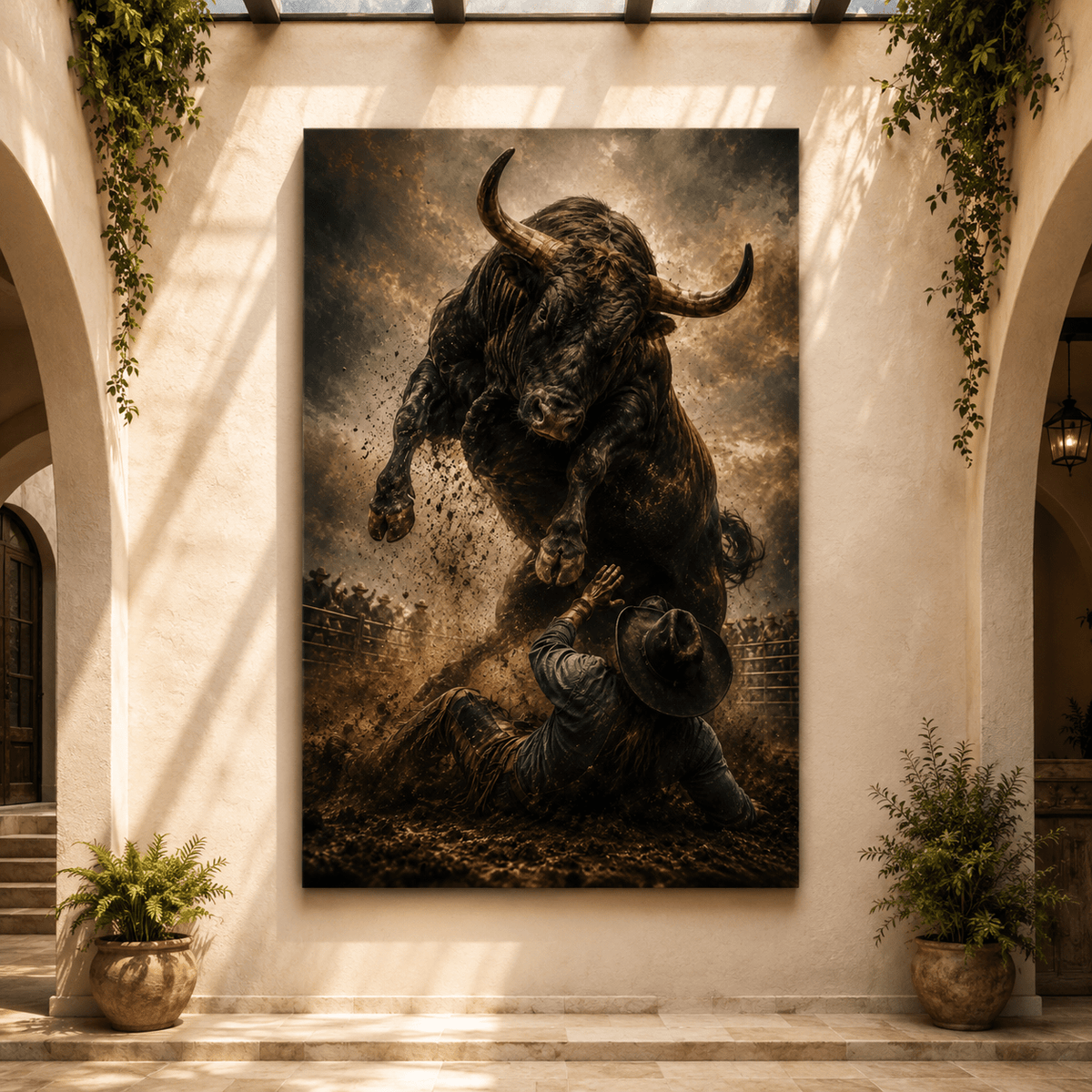 The Moment After – Rodeo Bull and Fallen Cowboy Canvas Wall Art - ART OF ROYALS