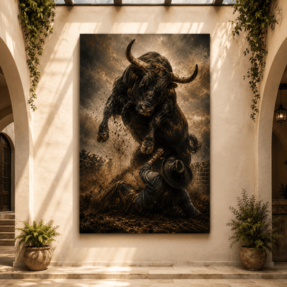The Moment After – Rodeo Bull and Fallen Cowboy Canvas Wall Art - ART OF ROYALS
