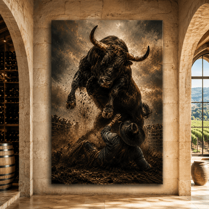 The Moment After – Rodeo Bull and Fallen Cowboy Canvas Wall Art - ART OF ROYALS