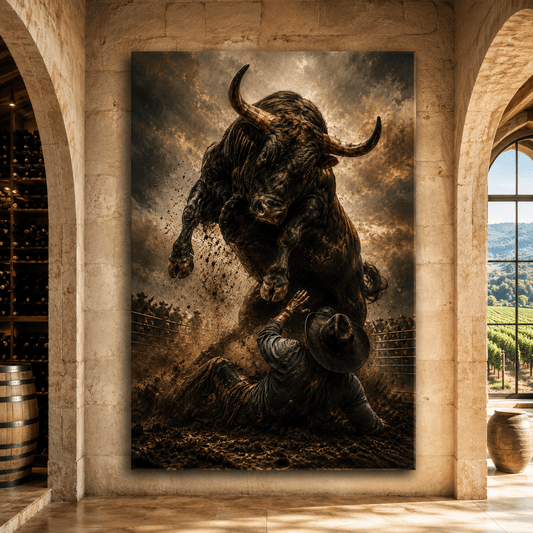The Moment After – Rodeo Bull and Fallen Cowboy Canvas Wall Art - ART OF ROYALS