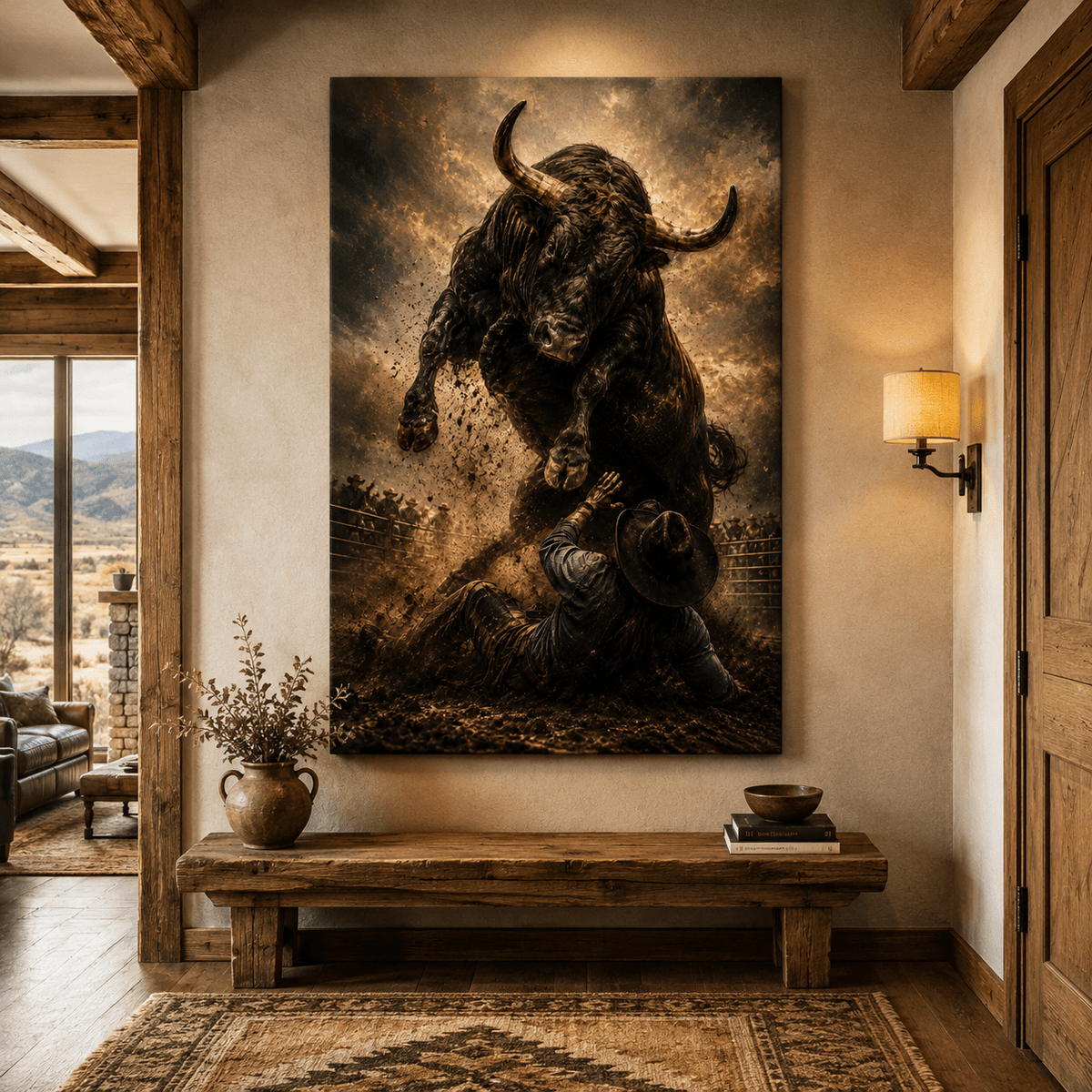 The Moment After – Rodeo Bull and Fallen Cowboy Canvas Wall Art - ART OF ROYALS