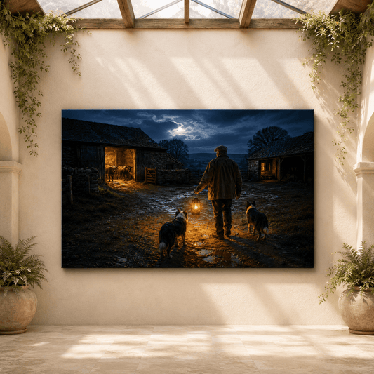 Last Rounds – Farmer with Lantern at Night Canvas Wall Art - ART OF ROYALS