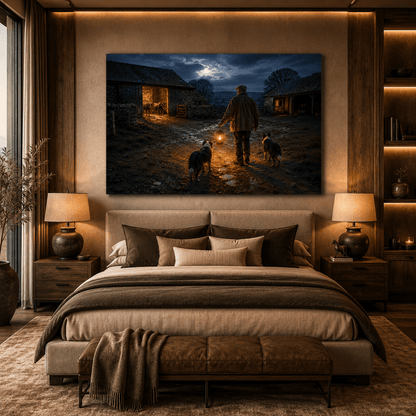 Last Rounds – Farmer with Lantern at Night Canvas Wall Art - ART OF ROYALS