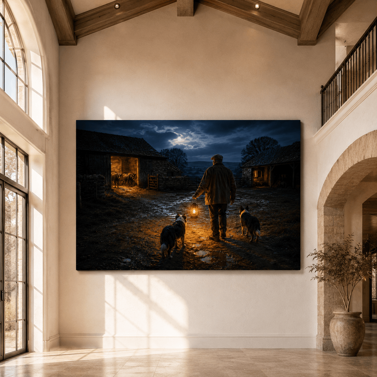 Last Rounds – Farmer with Lantern at Night Canvas Wall Art - ART OF ROYALS