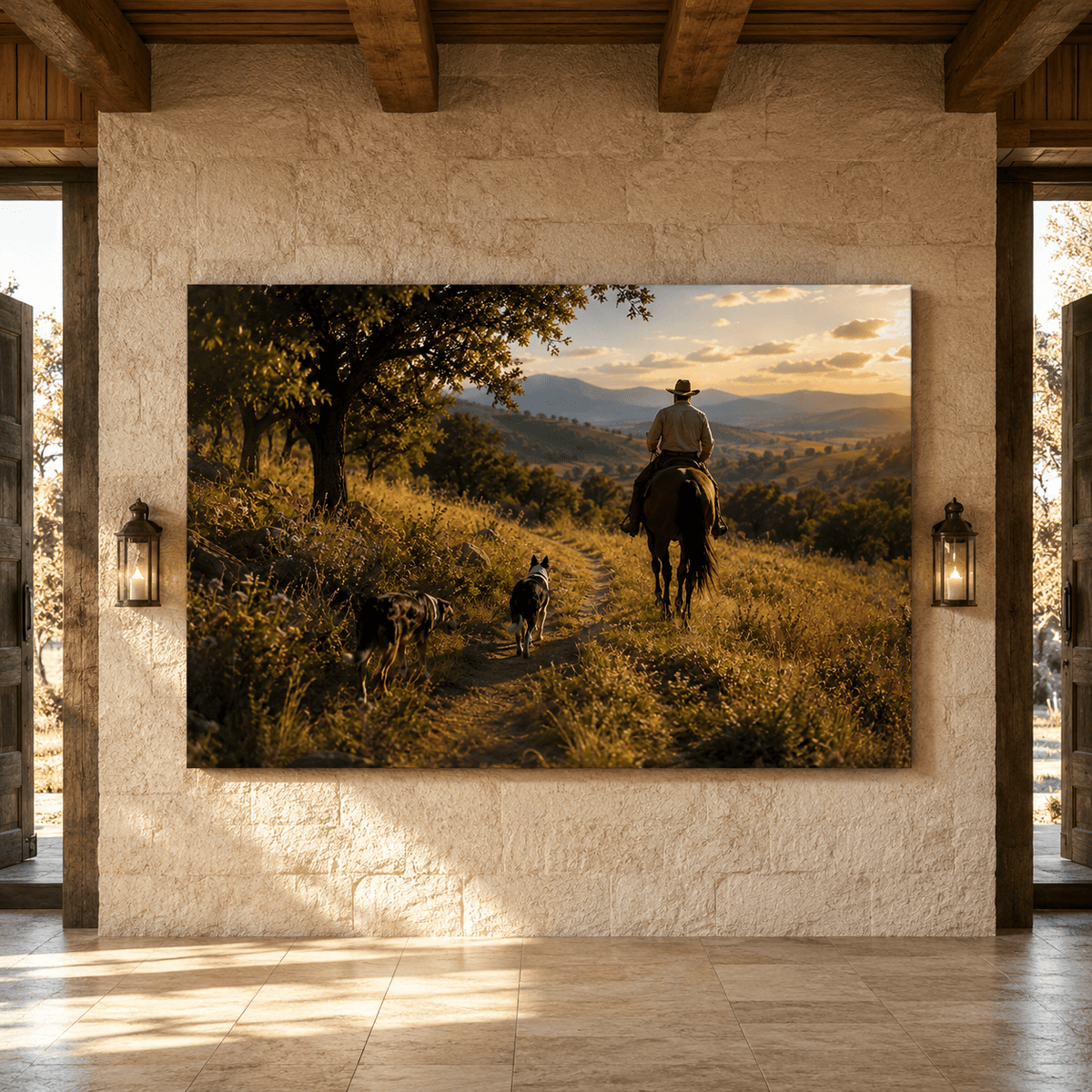 Down the Trail – Cowboy, Horse and Dogs at Sunset Canvas Wall Art - ART OF ROYALS