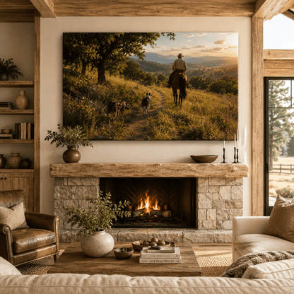 Down the Trail – Cowboy, Horse and Dogs at Sunset Canvas Wall Art - ART OF ROYALS