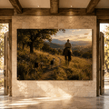Down the Trail – Cowboy, Horse and Dogs at Sunset Canvas Wall Art