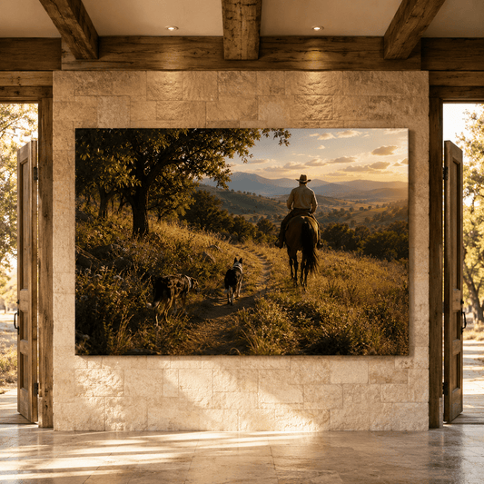 Down the Trail – Cowboy, Horse and Dogs at Sunset Canvas Wall Art - ART OF ROYALS