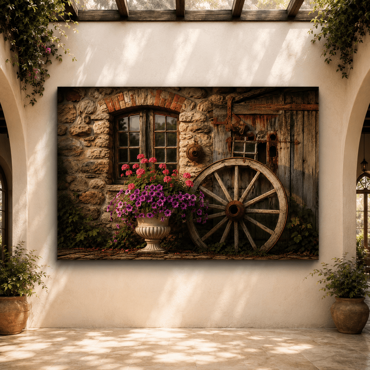 Farmhouse Wall – Wagon Wheel and Flowers Canvas Wall Art - ART OF ROYALS
