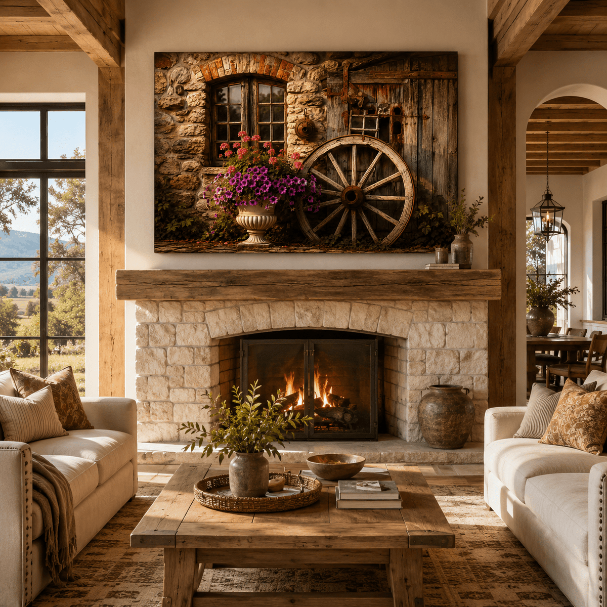 Farmhouse Wall – Wagon Wheel and Flowers Canvas Wall Art - ART OF ROYALS